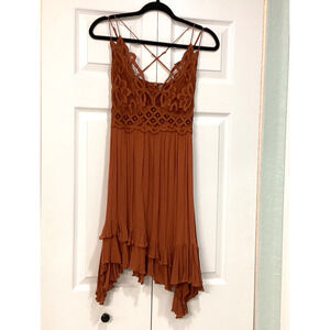 Free People FP One Adella Mini Slip Dress Rust Lace Boho Fairy Coquette Romantic